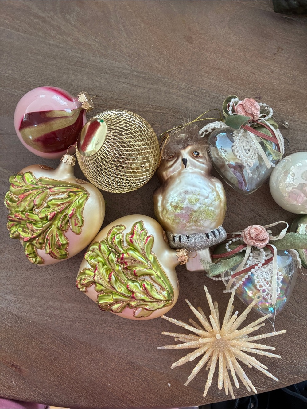 Assorted Pink, Gold & Cream Holiday Ornament Set with Heart, Owl & Star Accents